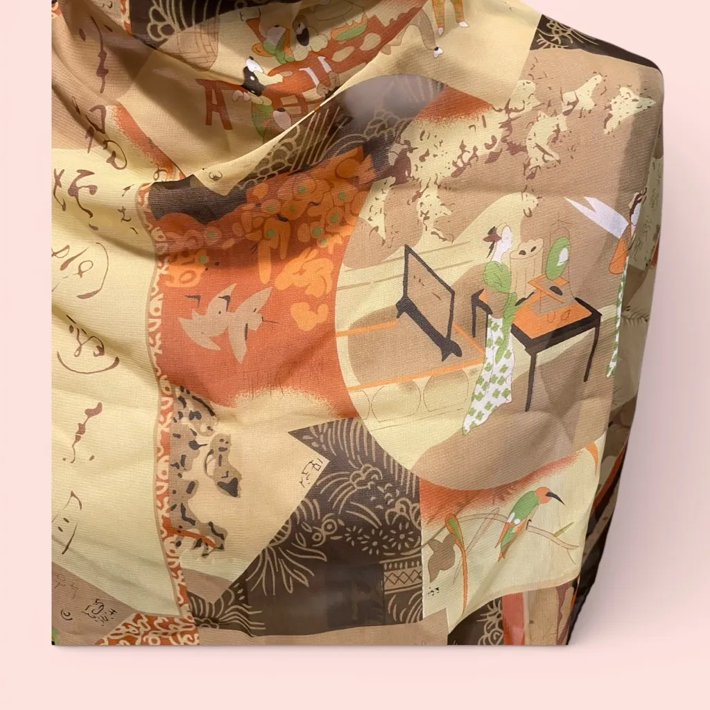 Beautiful vintage sheer silky Asian life theme earth tones scarf 27” x 27” Green - Image 6