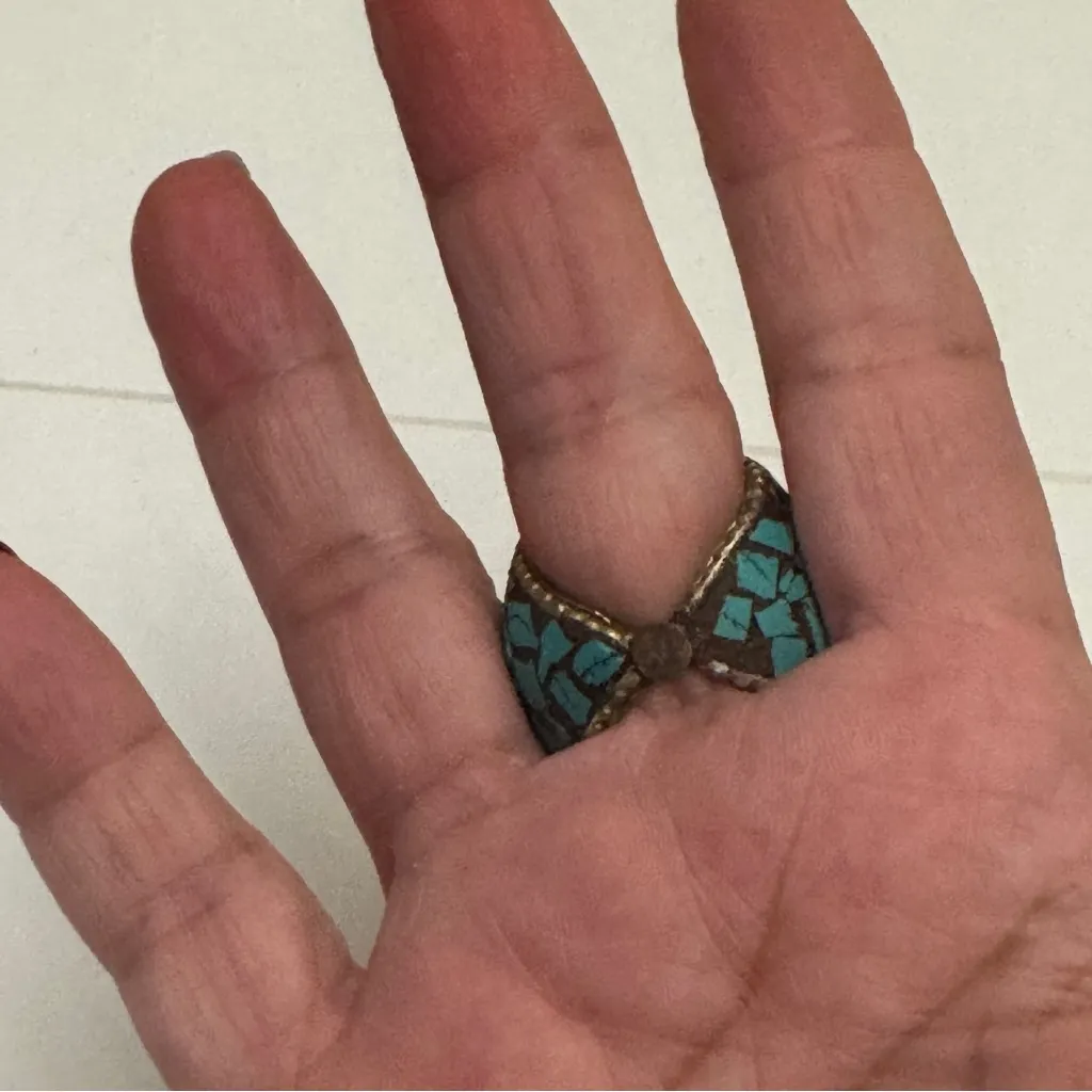 Lovely Turquoise & Coral Stone Unique Vintage Tibetan vintage brass Ring Blue - Image 15