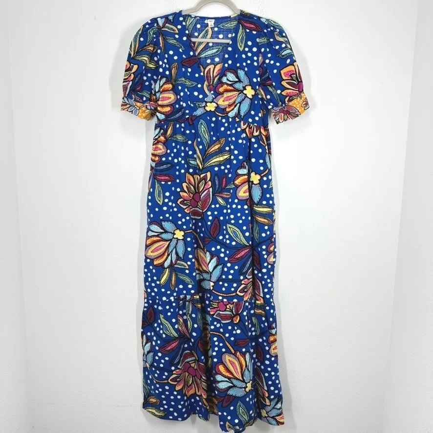 Tabitha Brown Blue Floral Puff Sleeve Maxi Dress Women Size 8 Linen Blend Resort - Image 2
