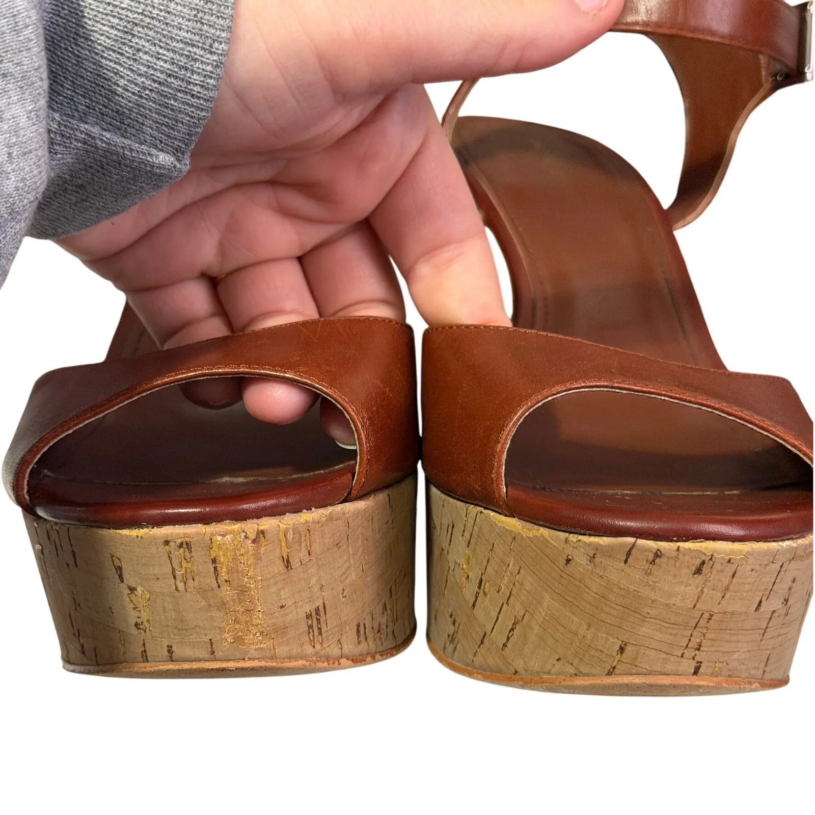 Marc Fisher Calia 2 Brown Leather Cork Platform Wedge Ankle Strap Sandals Size 9 - Image 3