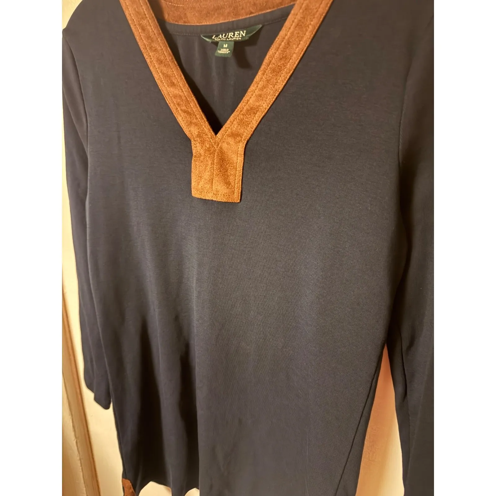 Lauren Ralph Lauren Tunic Top Blouse Womens Large Suede Trim Neck Black - L - Image 5