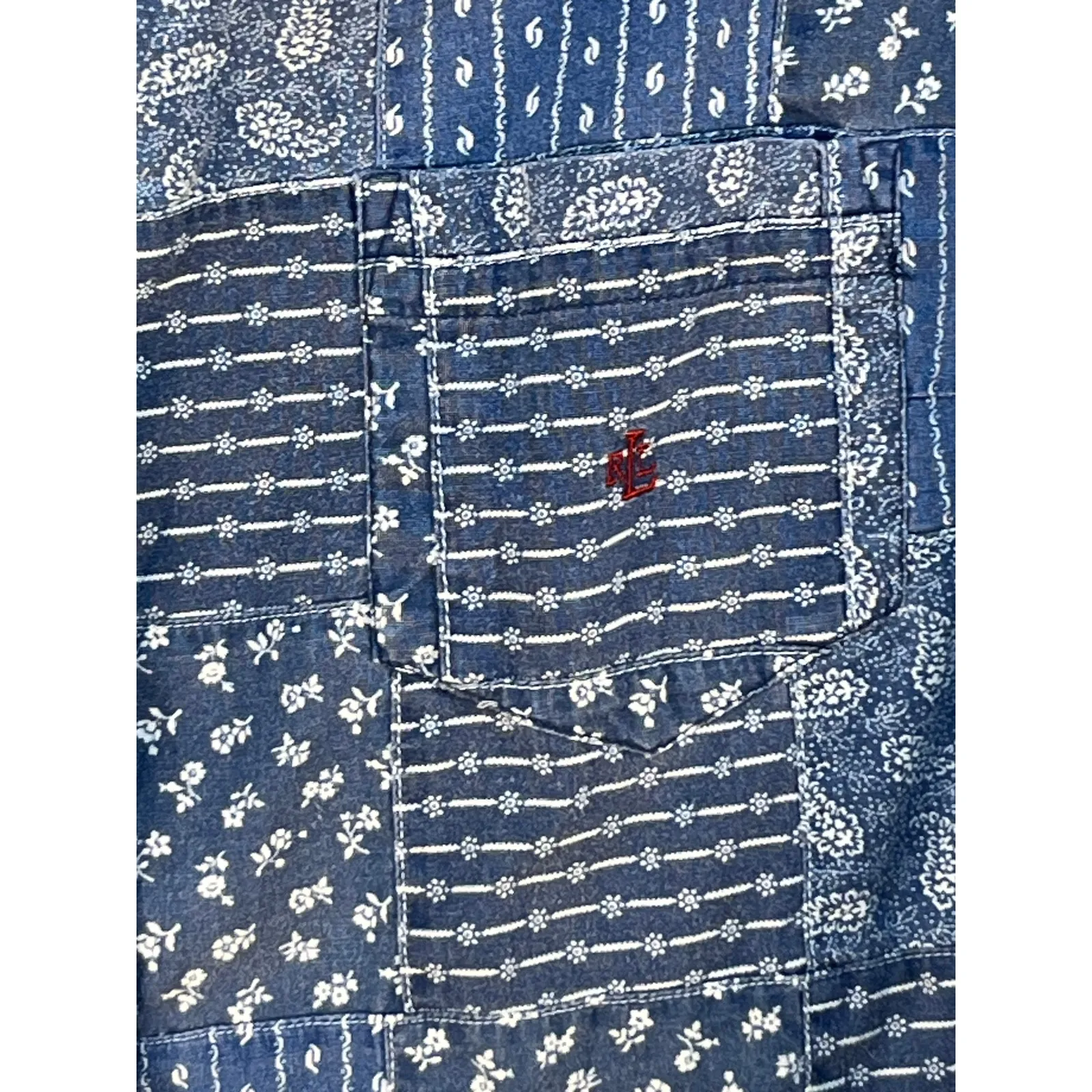 VTG Ralph Lauren Denim Shirt Large Sleeveless Patchwork Festival Nautical - Image 3