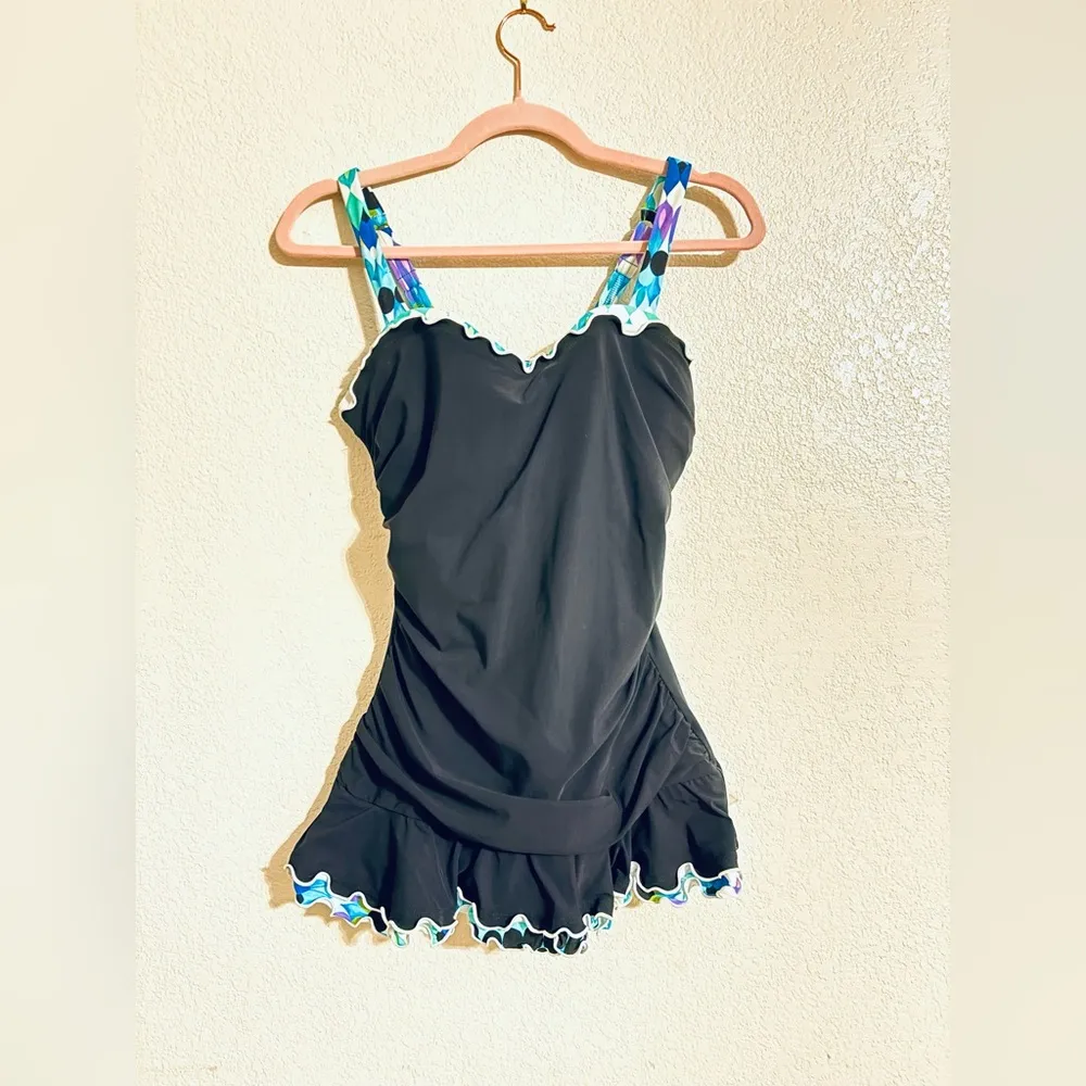 PROFILE BY GOTTEX BACHATA D CUP V NECK SWIMDRESS ONE PIECE SWIMSUIT Sz 10 Blue - Image 2