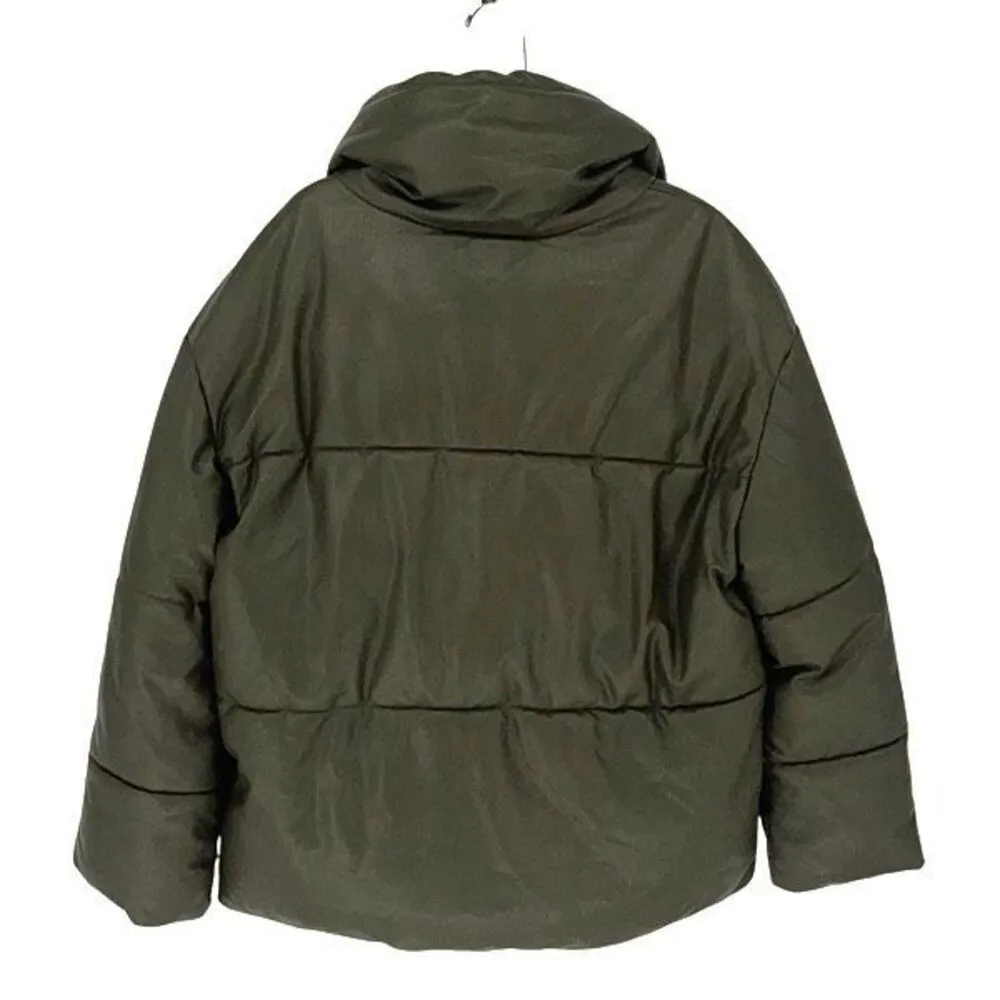 Avec Les Filles Faux-Leather Puffer Jacket Coat Size Small Olive Green Snap Clos - Image 4