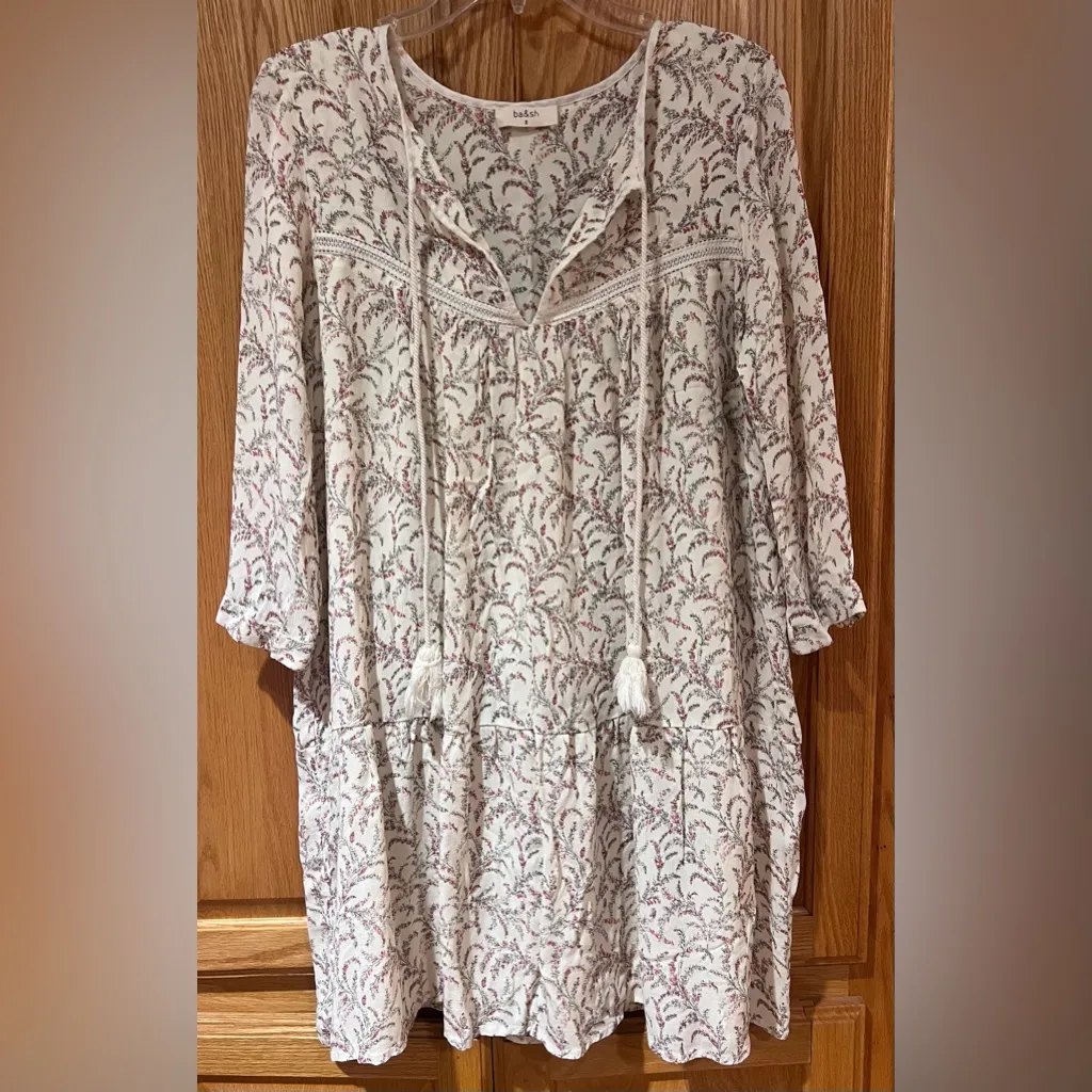 BA&SH‎ Esra Floral Embroidery Lattice Detail Mini Dress w/ Tassels Beige Size 8 - Image 6