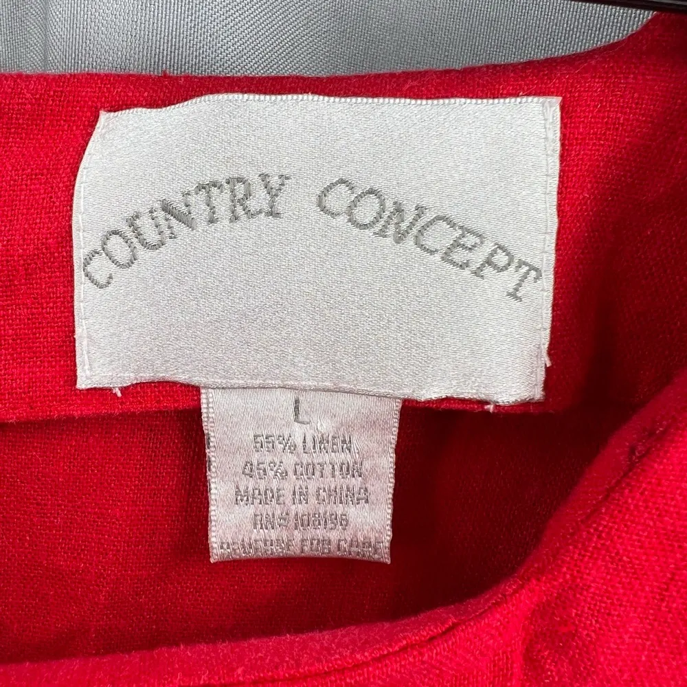 Country Concept Dress Nautical Sailboat Embroidered Midi Linen Cotton Size Large Red - Image 5