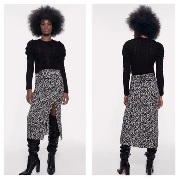 Zara Draped Black Moody Micro Floral Print Ruched Side Slit Midi Skirt XS - Image 2