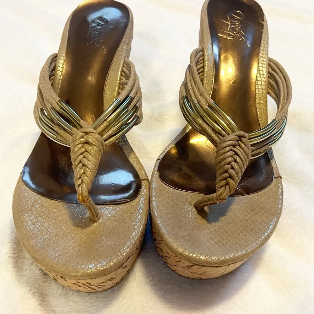 Carlos Santana Tasha Cork Wedge Platform Thong Leather Sandals Tan Gold Sz 10 - Image 4