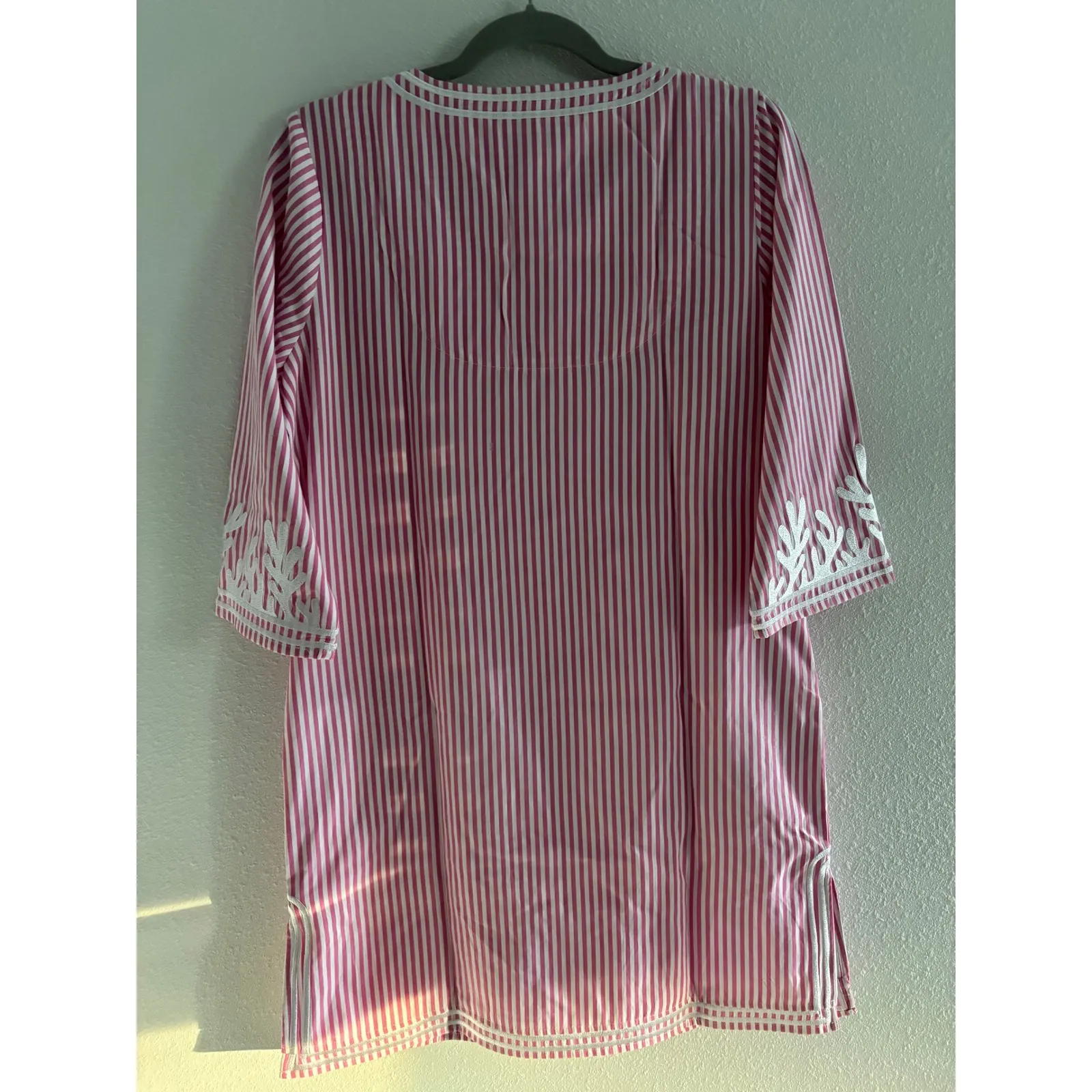 Gretchen Scott Dress Pink White Striped Dress Women Med 3/4 Sleeve Embroidered - Image 4