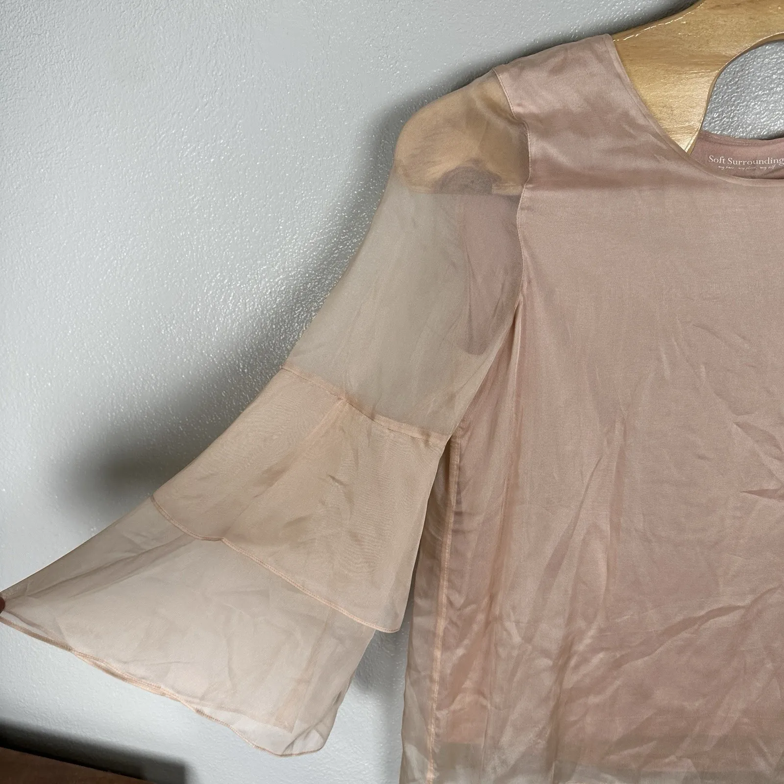 Soft Surroundings Size Large Pink Silk Bell Sleeve Tunic Top Romantic Feminine - Image 3