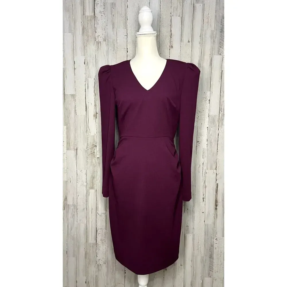 Trina Turk Women's Size 6 Burgundy V-Neck Puff‎ Sleeve Knee Length Dress - Image 2