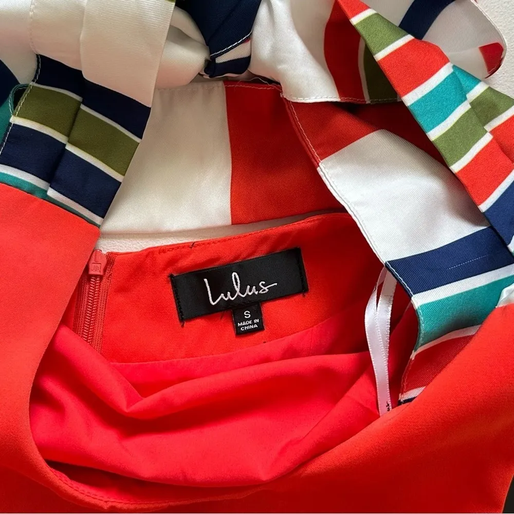 Lulus Dress Joyful Red Orange Blue White Stripe Tie Back Mini Dress Small NEW - Image 4