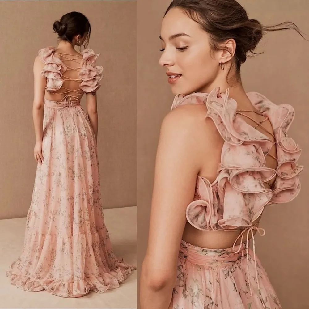 NWOT Mac Duggal Pink Ruffle Tiered Floral Cut Out Chiffon  Dress Size 2 /XS - Image 2