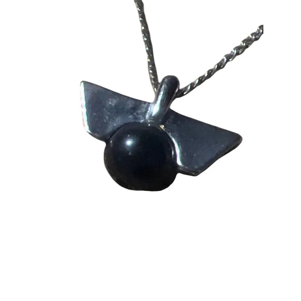 Freedom Silver Tone Necklace Black Bead Wing Pendant Modernist Minimalist 15 - Image 2