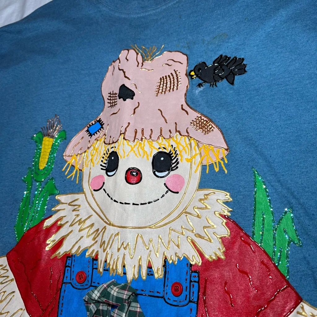 Vintage KEVIN G SPORTSWEAR Hand Painted Scarecrow Fall One Size Crewneck Blue - Image 2