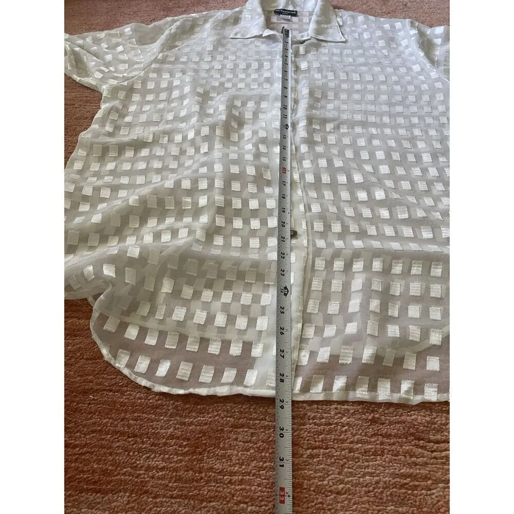Notations Vintage  Sheer Blouse 2X White Gold Geometric Button Down USA - Image 3