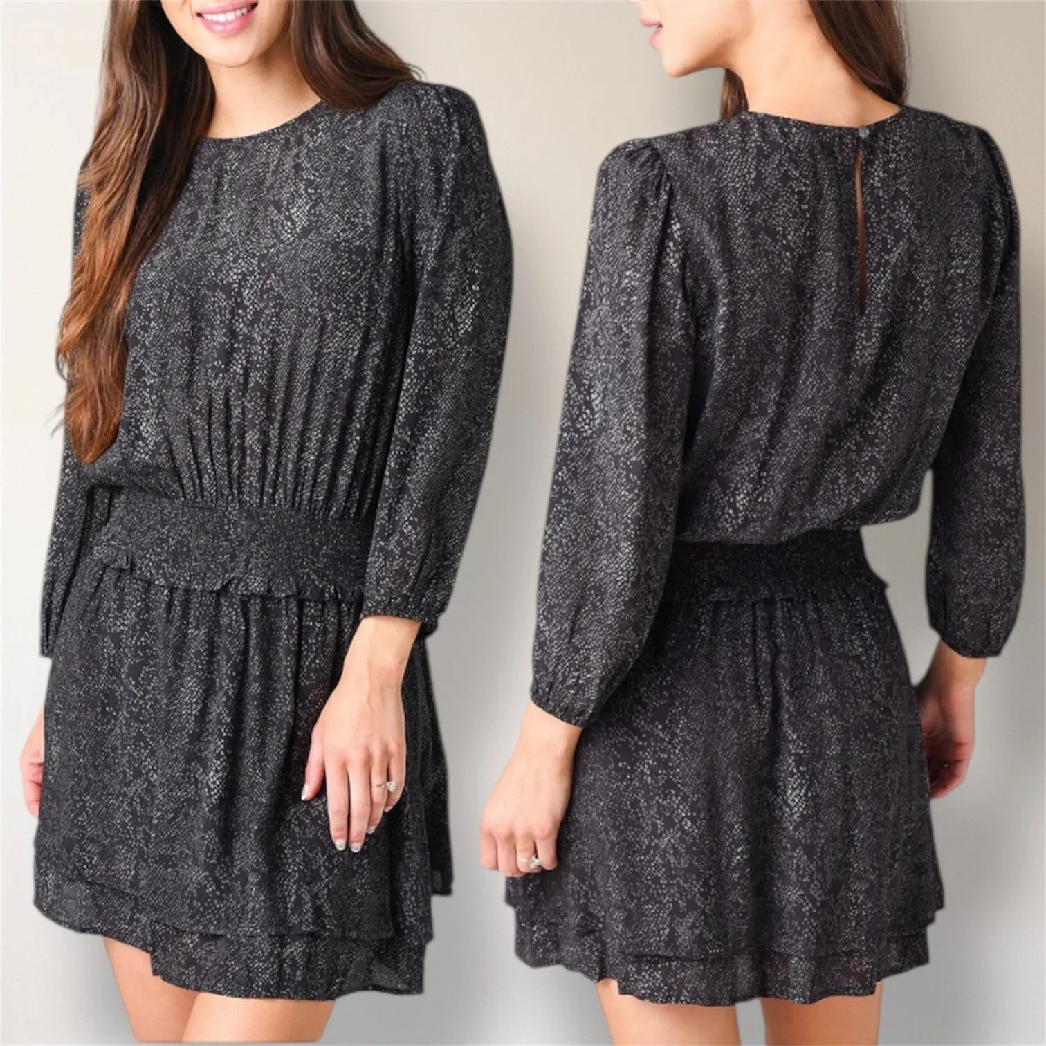 Rails Black Python Inez Mini Dress Smocked Waist Long Sleeve Pullover Boho Small - Image 2