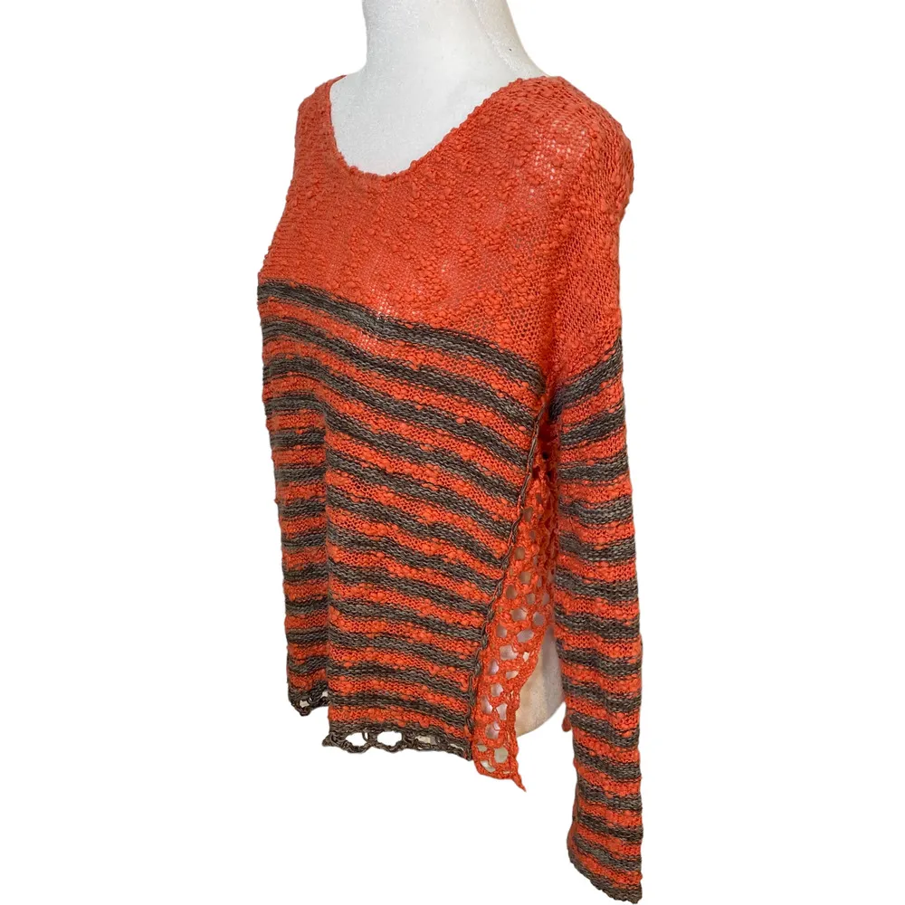 Free People Sweater Striped Crochet Knit Boatneck Cotton Long Sleeve Coral XS - Image 4