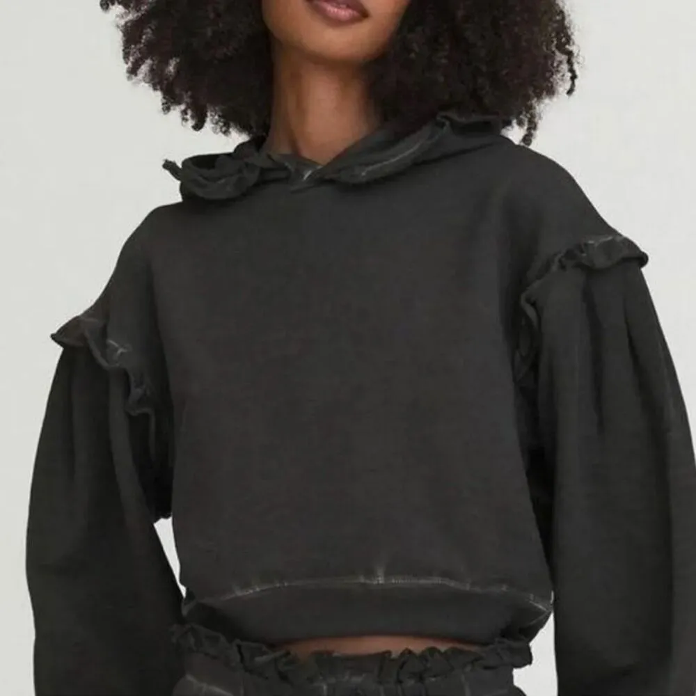 Something Navy Taylor Ruffled Hooded Sweatshirt Charcoal Gray Crop Small Hoodie - Image 1