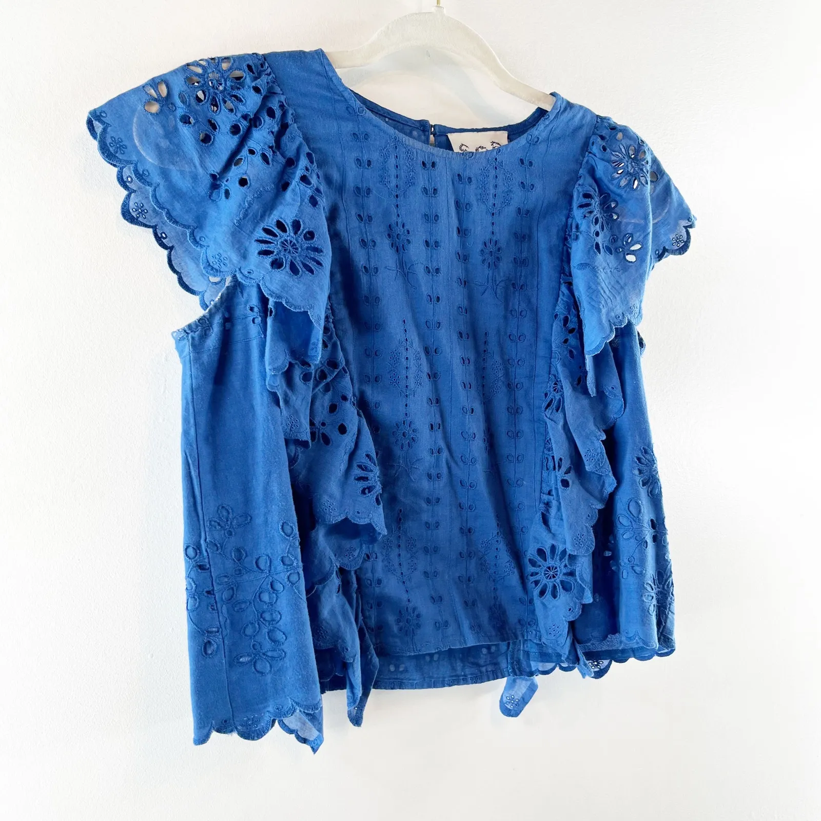 Sea New York Cropped Eyelet Ruffle Cotton Top Blouse Blue 4 - Image 7