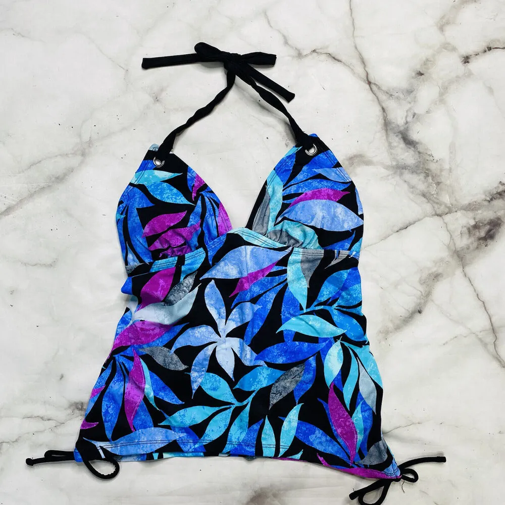 Salt+Cove Tropic Like Its Hot Printed Ruched Halter Tankini Top M Teal Blue New Black Size undefined - Image 3