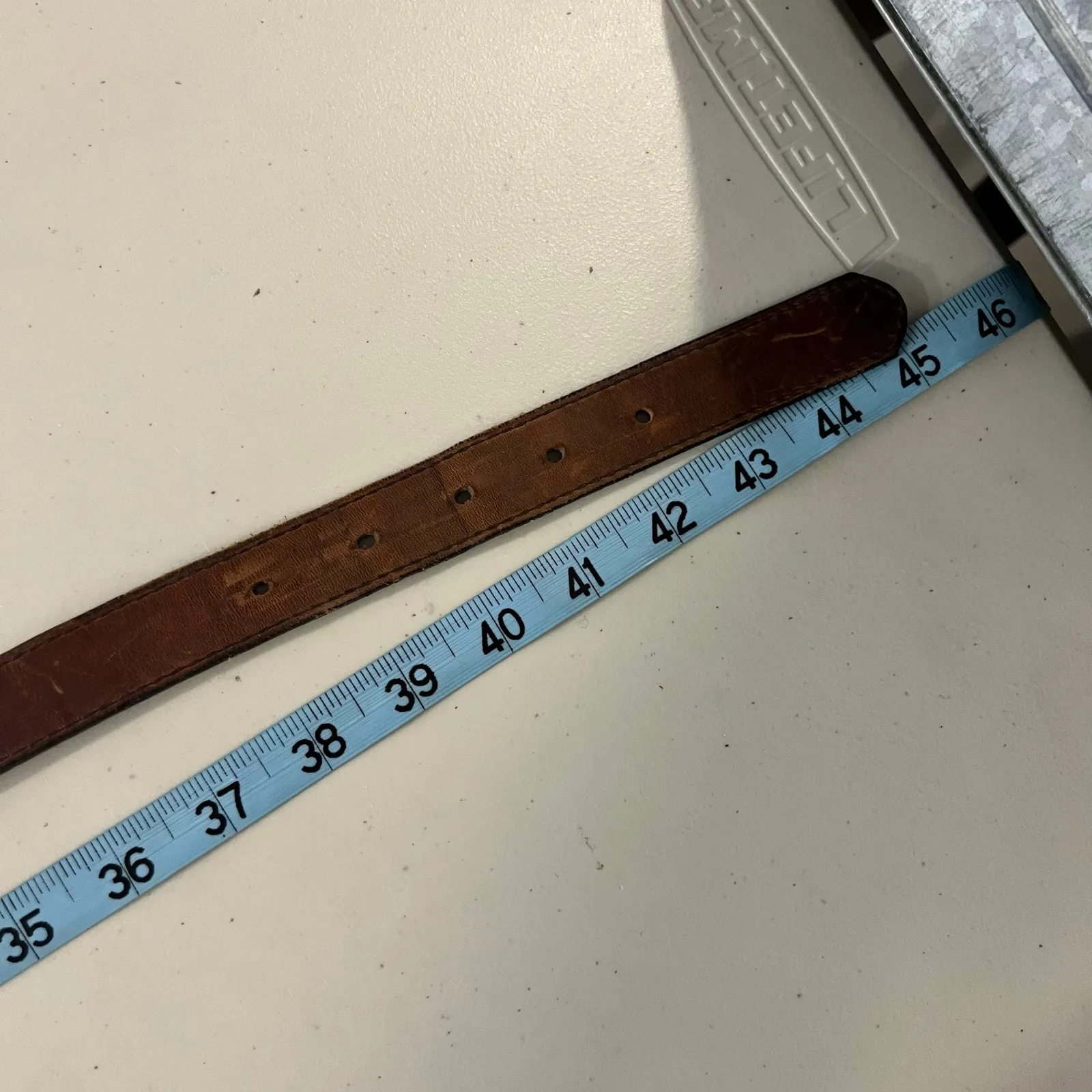 1995 Brown Distressed Genuine Leather Silver Solid Brass Buckle Belt Size Large - Image 8