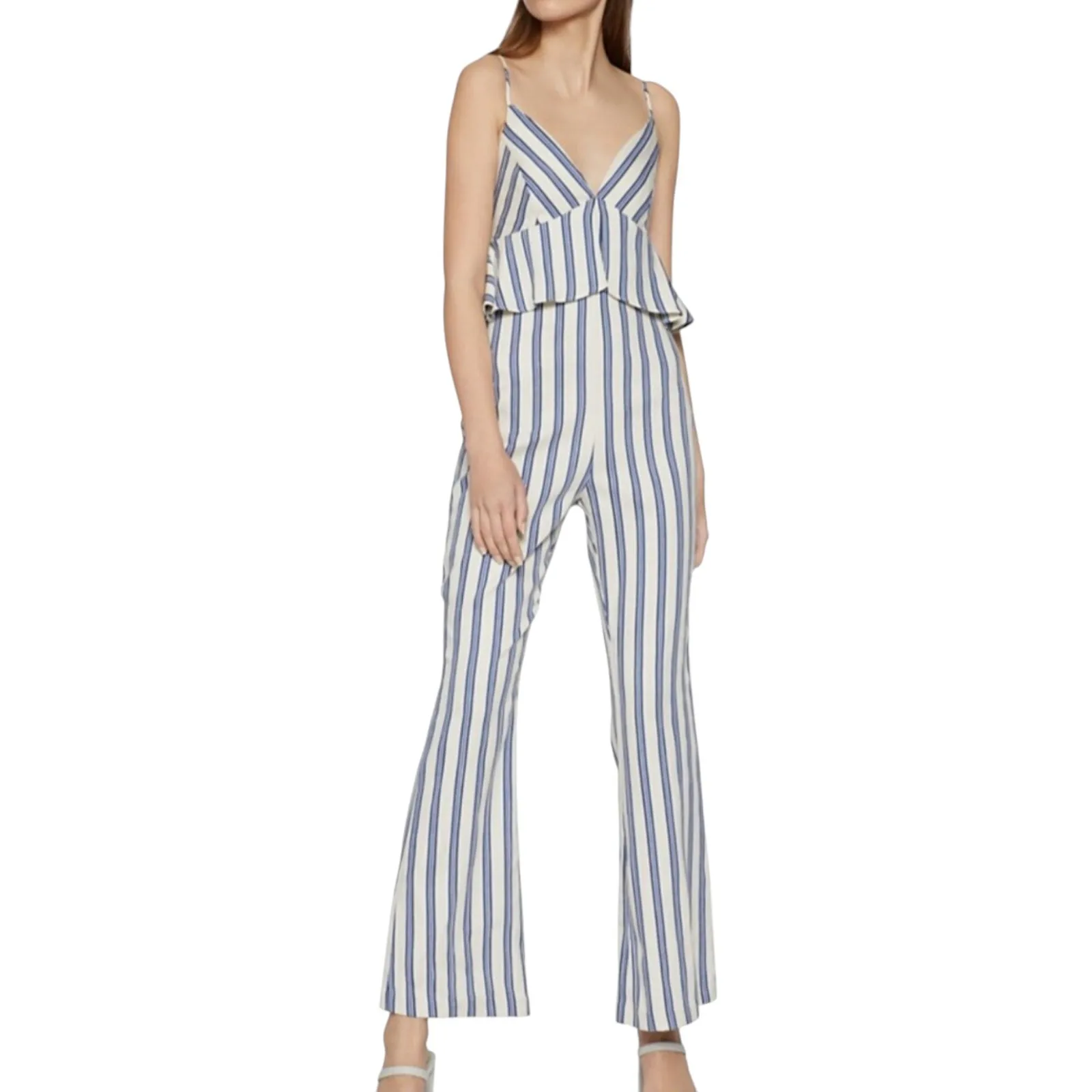 BCBGeneration Blue Striped Peplum Jumpsuit Size 12 NWT - Image 4