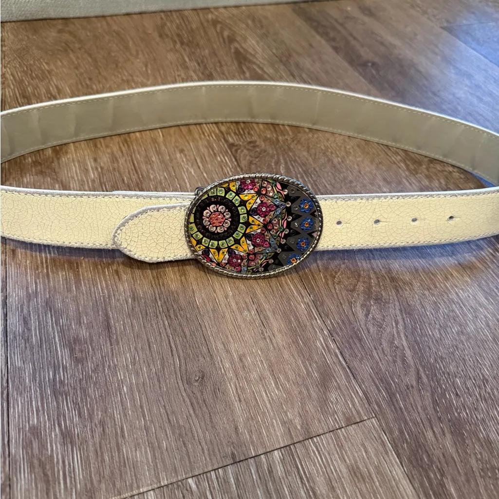 White Leather Belt Mosaic Rhinestone Buckle Size 36 - Image 7