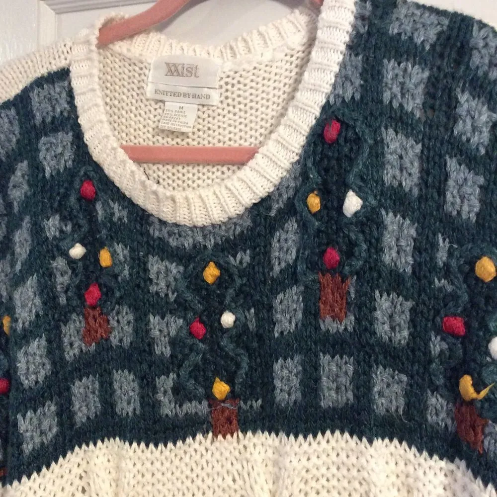 Vintage Hand knitted ugly christmas sweater Medium M trees house ornaments - Image 5