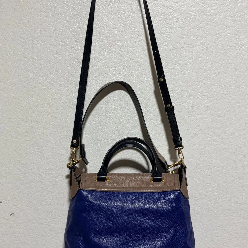 BCBGMaxAzria Navy and Brown Leather Double Handle Purse Crossbody Strap Satchel - Image 10