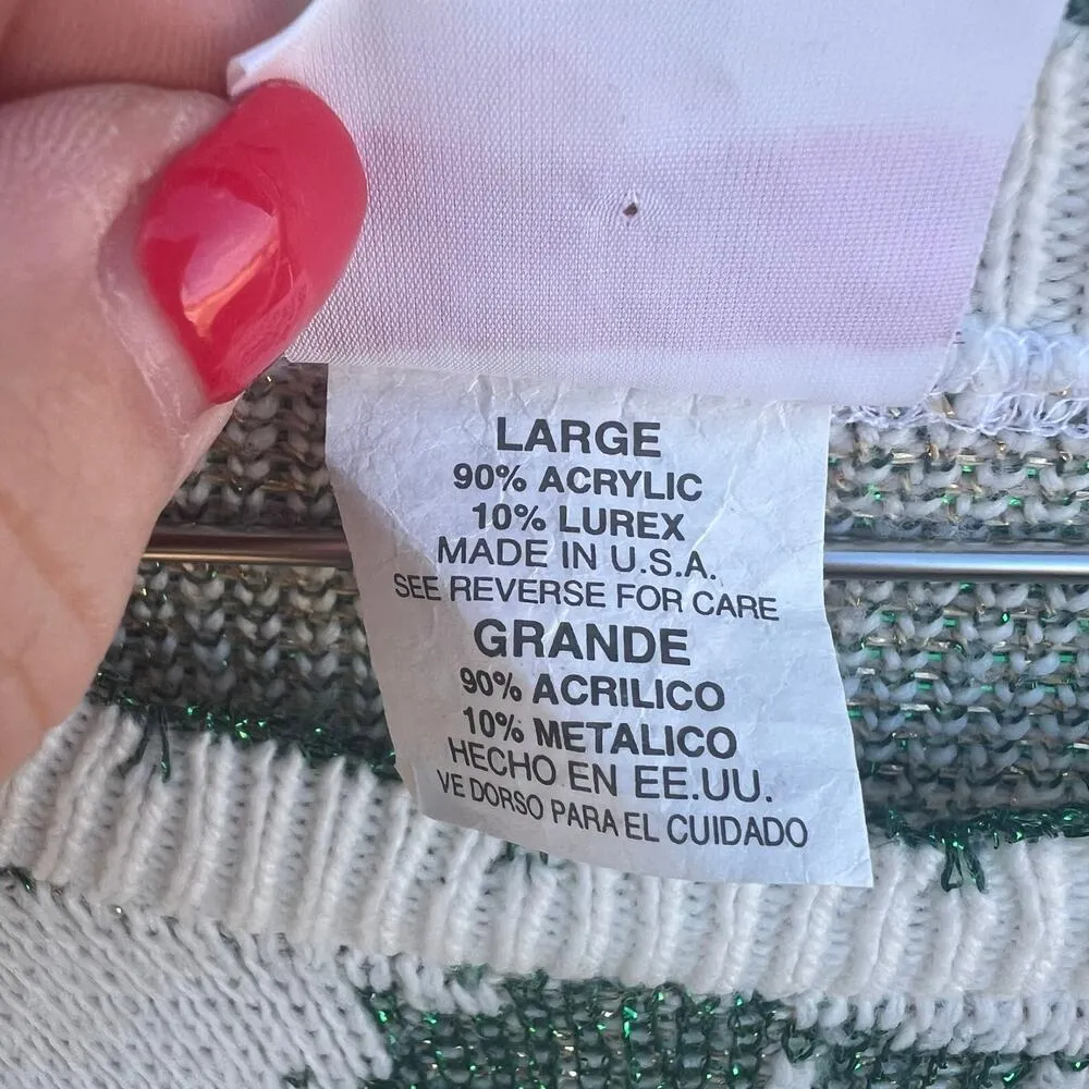 Vintage 90s holiday time gold green metallic knit Christmas ugly sweater LARGE - Image 4