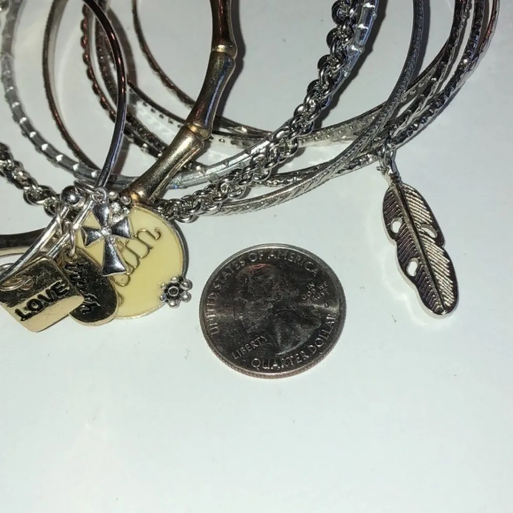 9 Silver Tone Bangle Bracelets Dangle Charms Feather Faith Love - Image 4