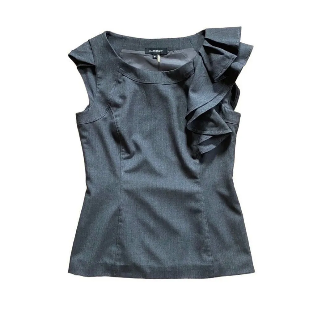 Ellen Tracy Grey Fitted Ruffle Flutter Sleeveless Crewneck Top Size 8 - Image 10