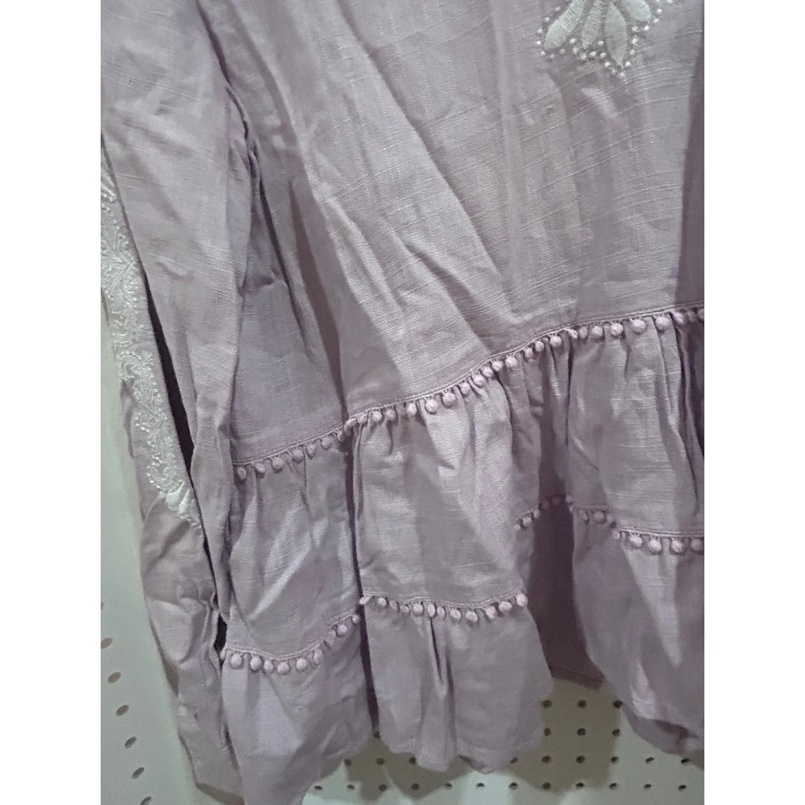Fate Embroidered Peasant Tunic Top Lavender V Neck Tiered Ruffle Pom Pom M Linen Purple Size M - Image 7