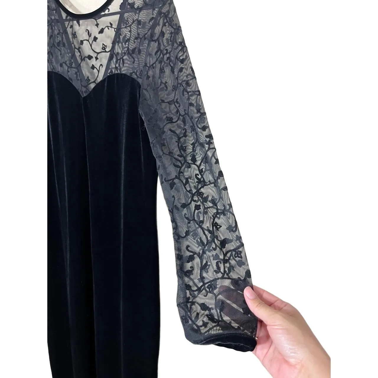 AMANDA‎ SMITH Black Velvet Sheer Lace Top Vintage Maxi Evening Dress 10 - Image 5