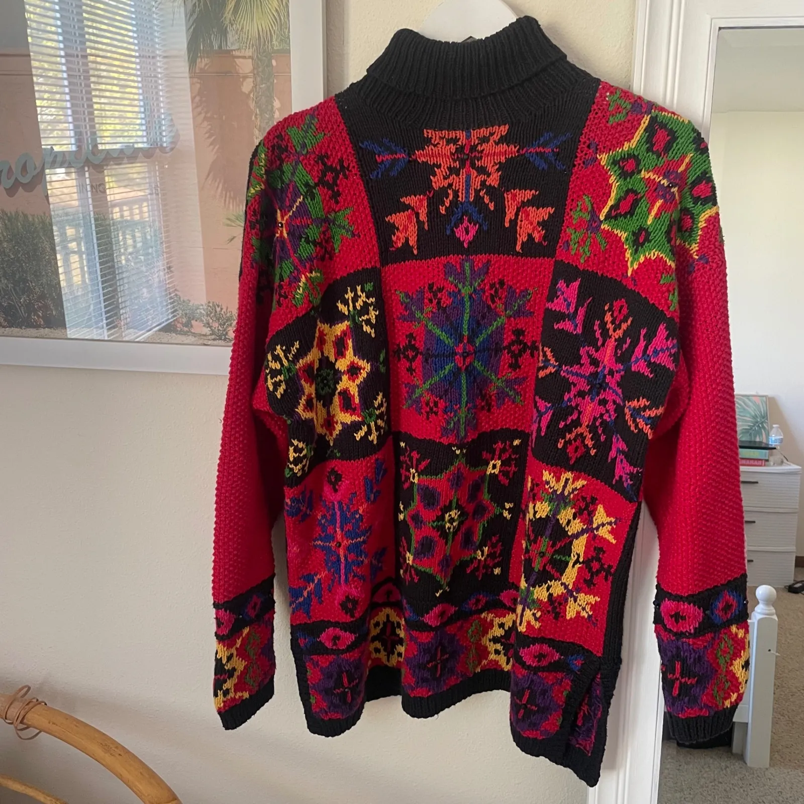 Vintage 90s KnittinG Needle Handknit Snowflake Turtleneck Holiday Sweater Black Size M - Image 2