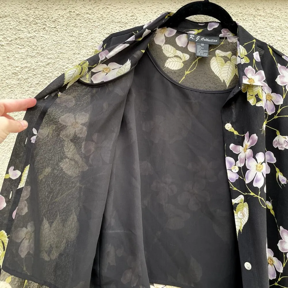 Vintage Silk RJ Collection Black Floral Sheer Button Up Shirt M Size M - Image 6