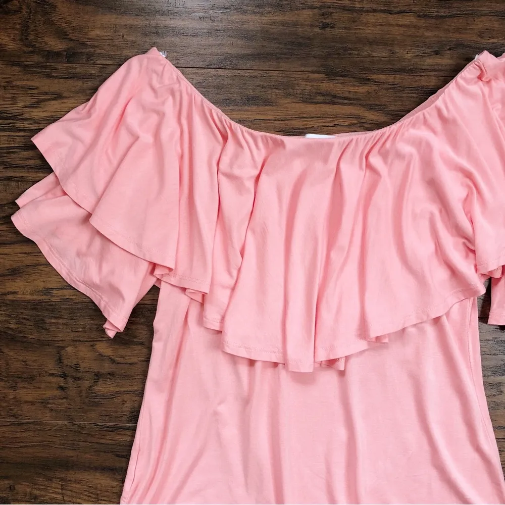 VaVa by Joy Han • Addina Top ruffle flounce off shoulder jersey knit Peach - Image 3