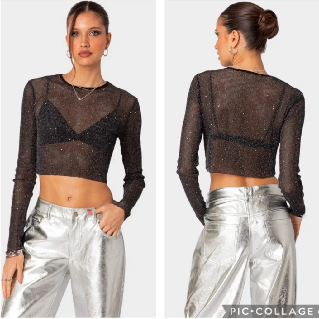 Edikted Marly Sheer Shimmer Top Black‎ L - Image 2