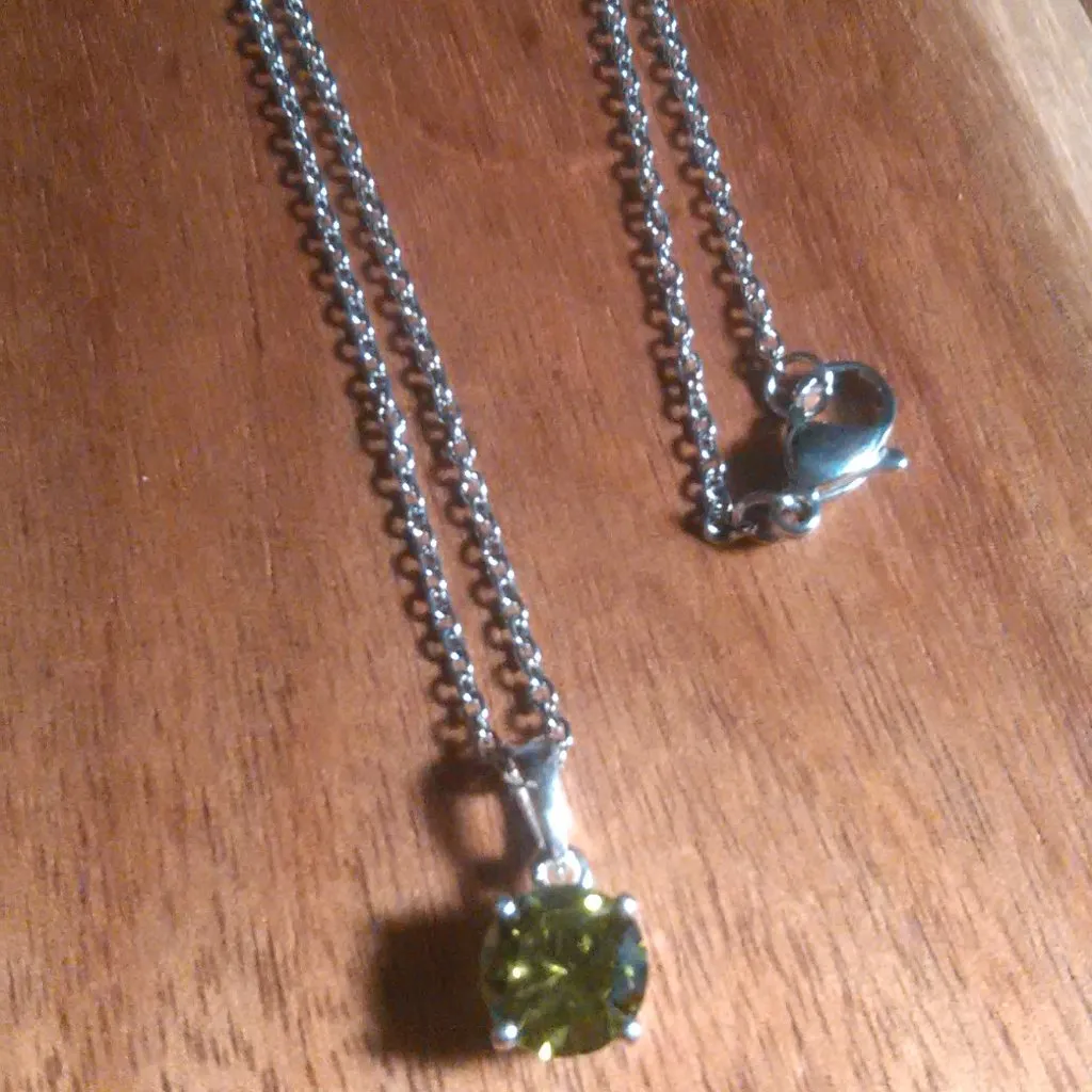 Peridot Color Simulated Diamond Sterling Silver Pendant Stainless Steel Necklace - Image 3