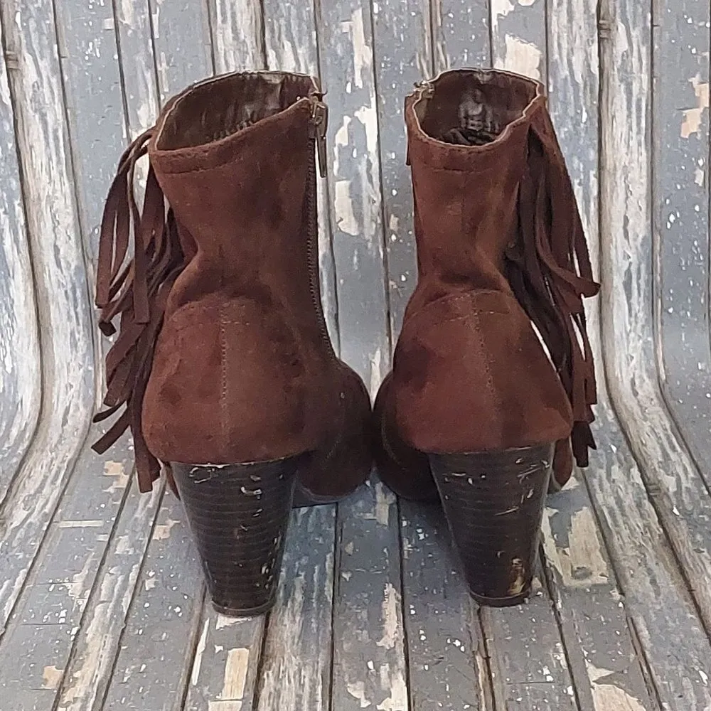 Cato Size 8 Side Zip Ankle Boots Block Heel Booties Brown Faux Suede Fringe - Image 5