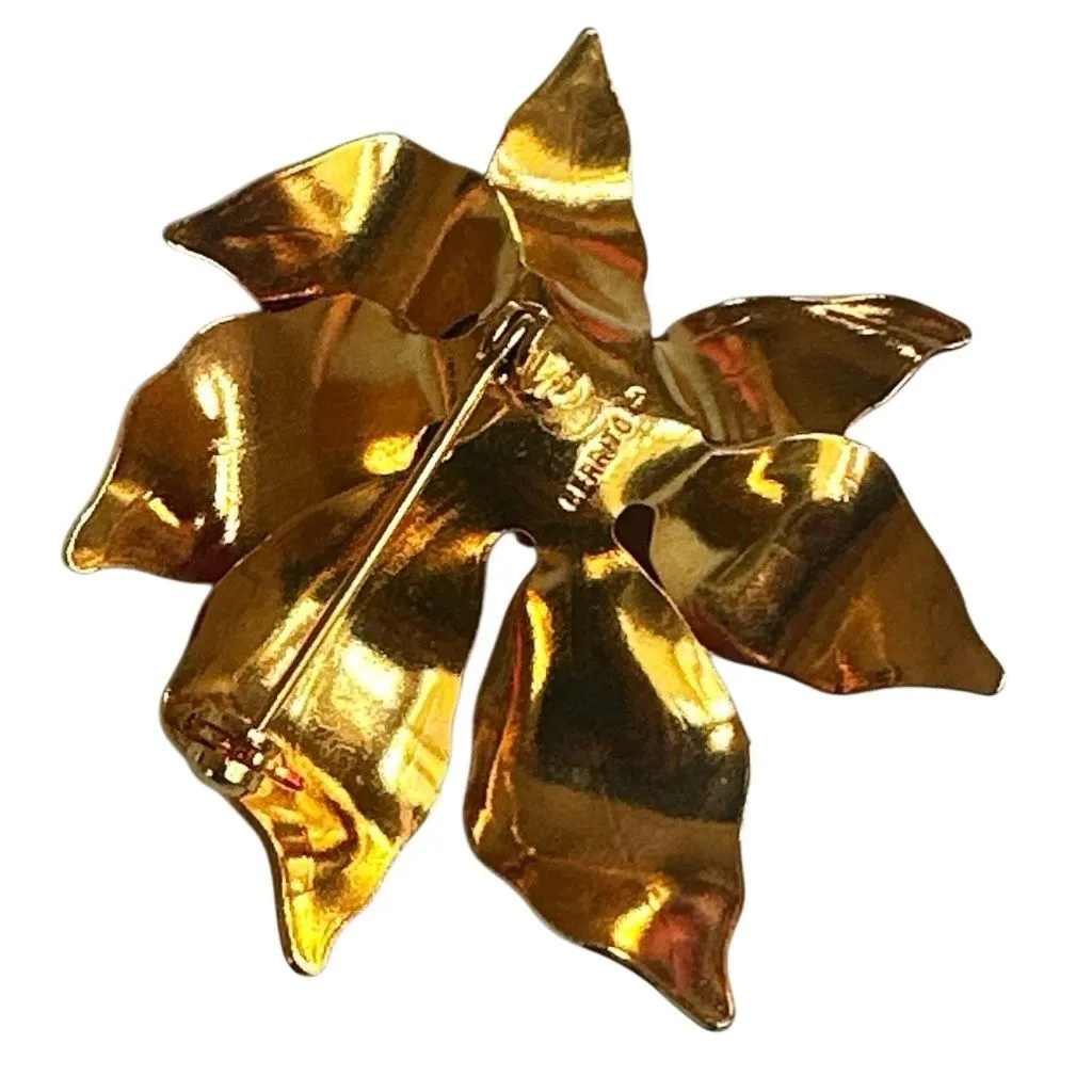 Cerrito Signed Red Poinsettia Enamel Rhinestone Brooch – Vintage Holiday Pin - Image 5