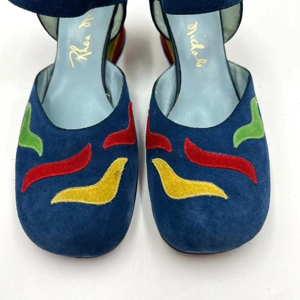 Vintage Rhea Nichols Suede Wedges Mary Jane Shoes Blue Rainbow Memphis Size 9 - Image 7