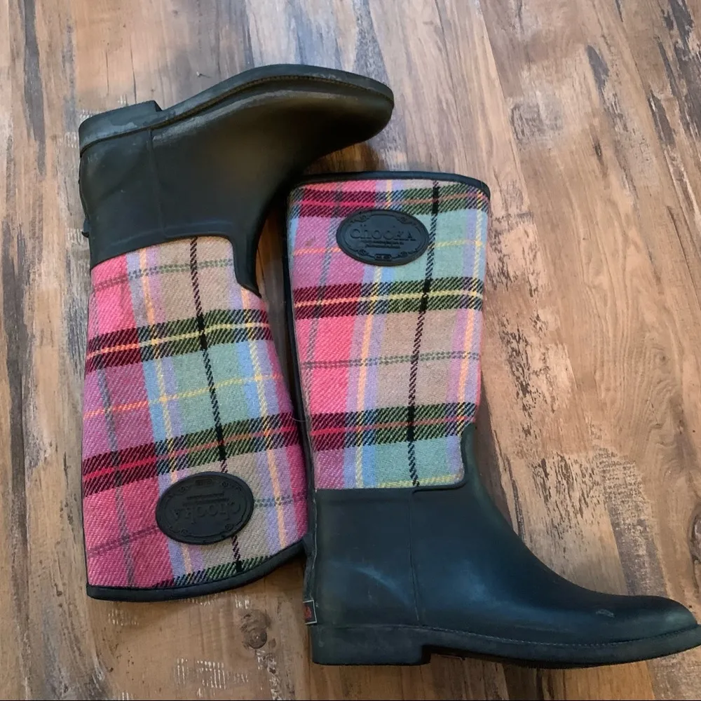Chooka  Mid Height Black Rubber Rain Boots Size 8M 8 Plaid Upper - Image 5
