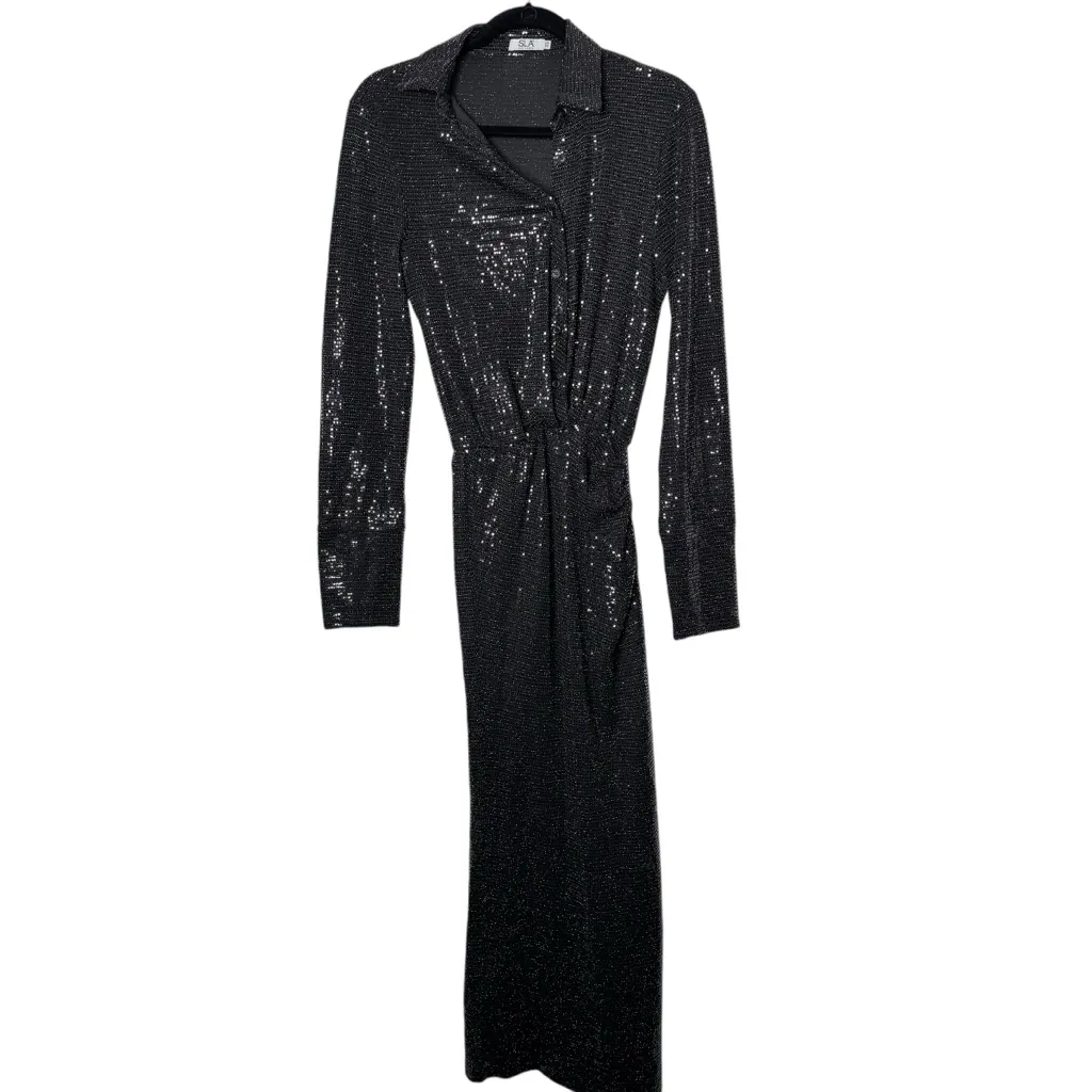 SLA THE LABEL Sz XS Women's Black Sequin Vneck Long Sleeve‎ Ebony Midi Dress - Image 2
