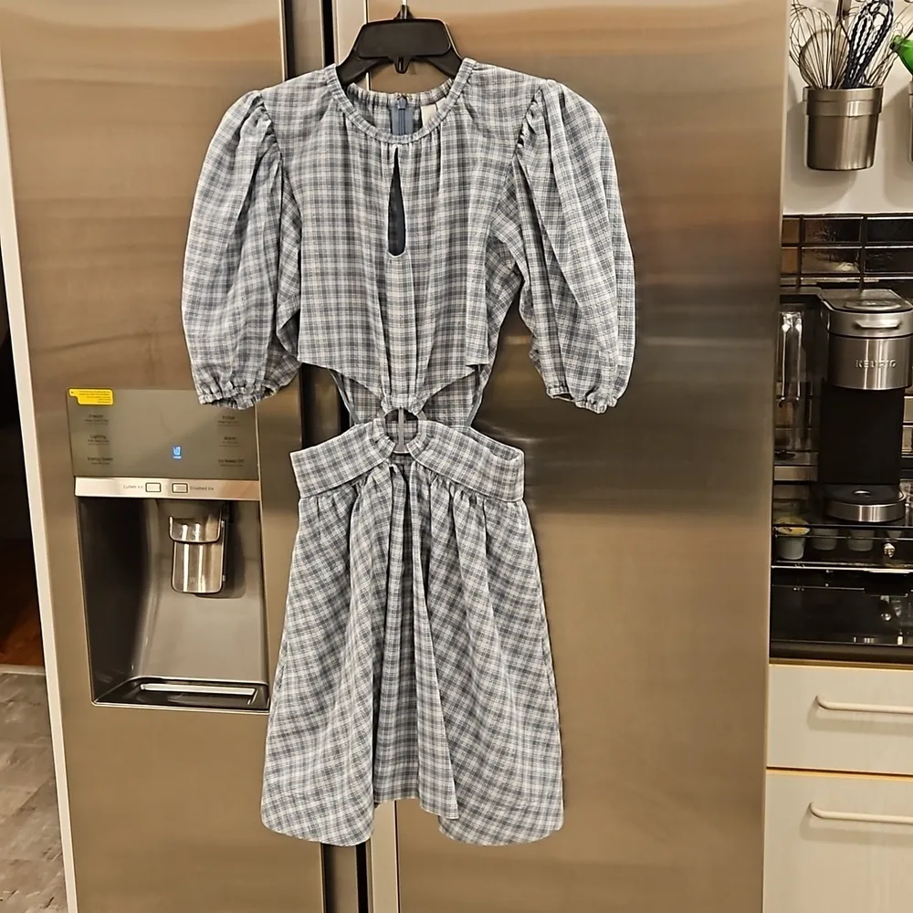 JONATHAN SIMKHAI Soo Seersucker Plaid Puff Sleeve Cutout Mini Dress Blue XS NWOT - Image 11