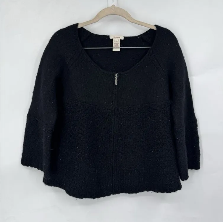 Sundance Wool Blend Zip Front Sweater Women Medium Fits Small Black Flawed Knit - Image 1