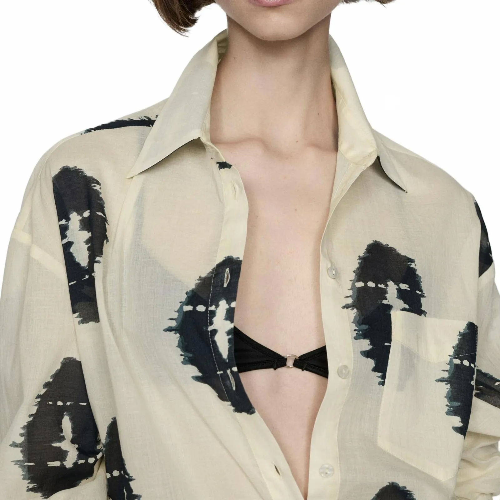 Mango Semi-Transparent Printed Shirt Ecru Tan NWT Size 8/Large - Image 3