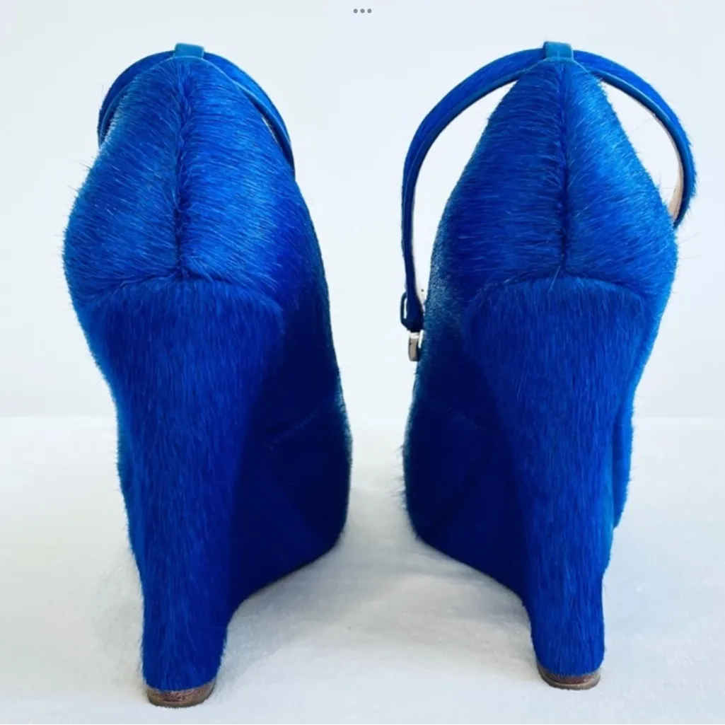 Ann Taylor cobalt blue-platform calf hair wedge heels with ankle buckle strap 7 - Image 8