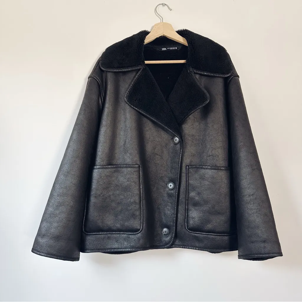 ZARA  Shearling Double Faced Oversized Jacket Brown - Image 5